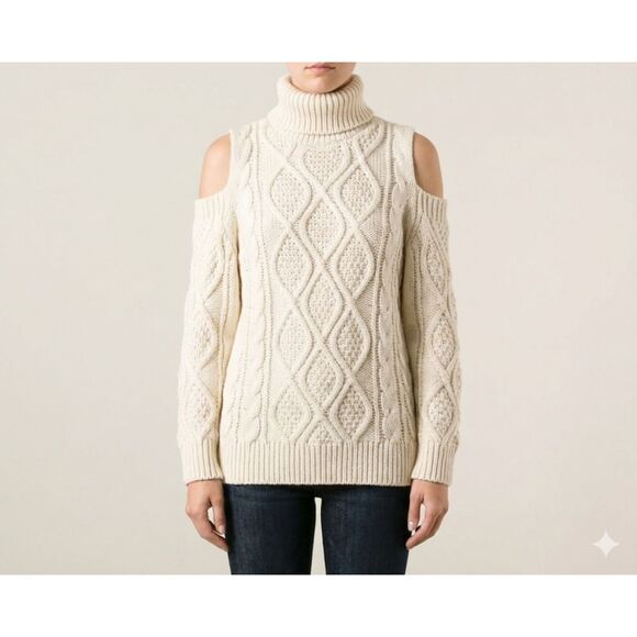 Everly Sweaters - Everly Cream Cable Knit Cold Shoulder Chunky Turtleneck Sweater Sz S